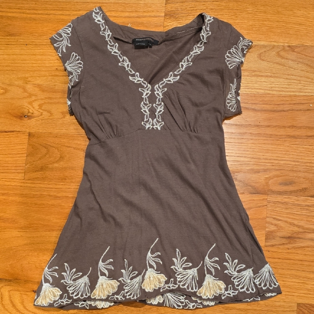BCBGMaxAzria Brown Blouse with Floral Embroidery